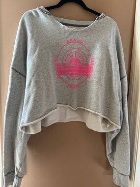 Aerie Gray Cropped Crewneck Sweatshirt with Pink Sun Graphic